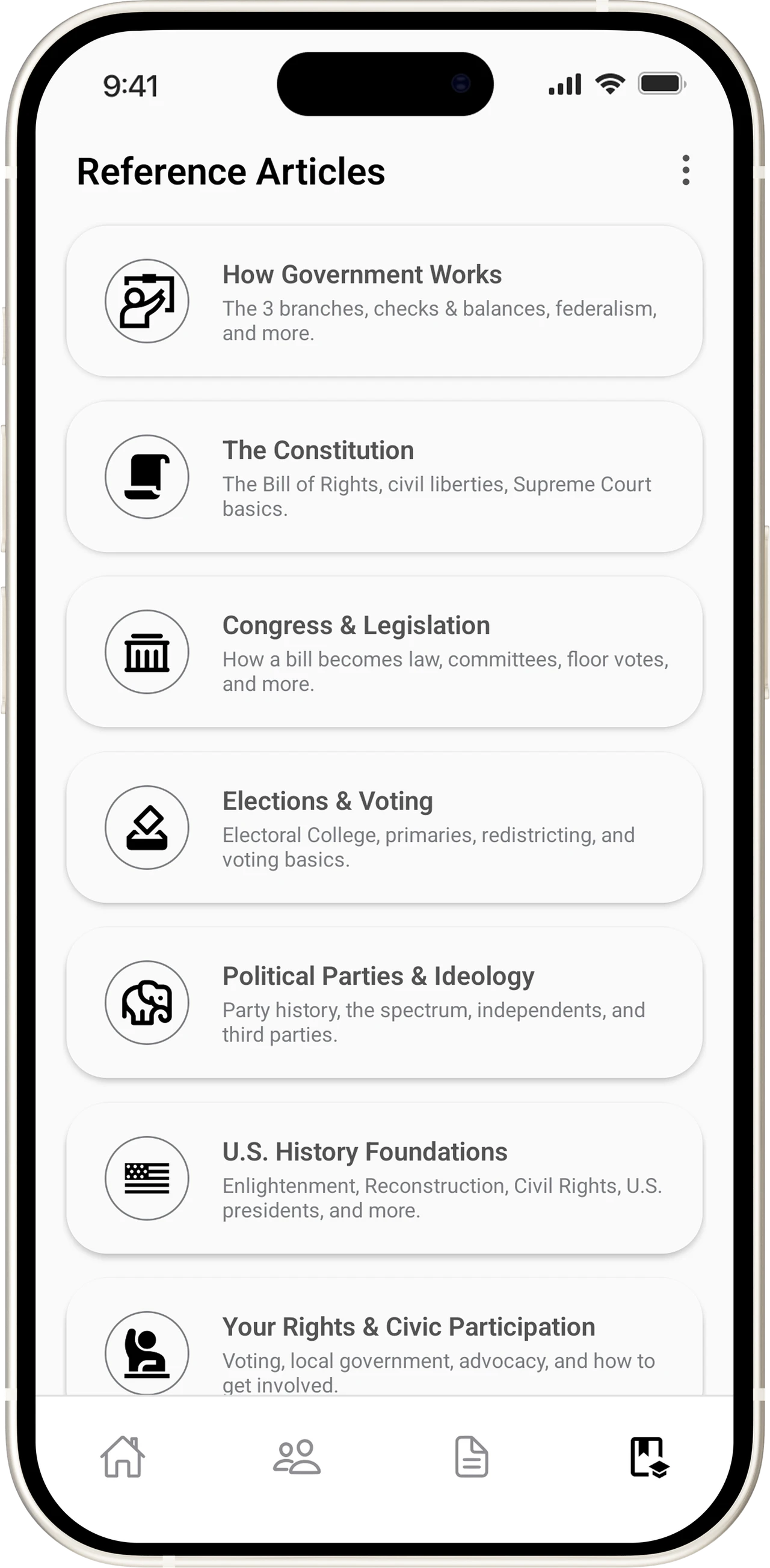 Unum app screen: Civics guide